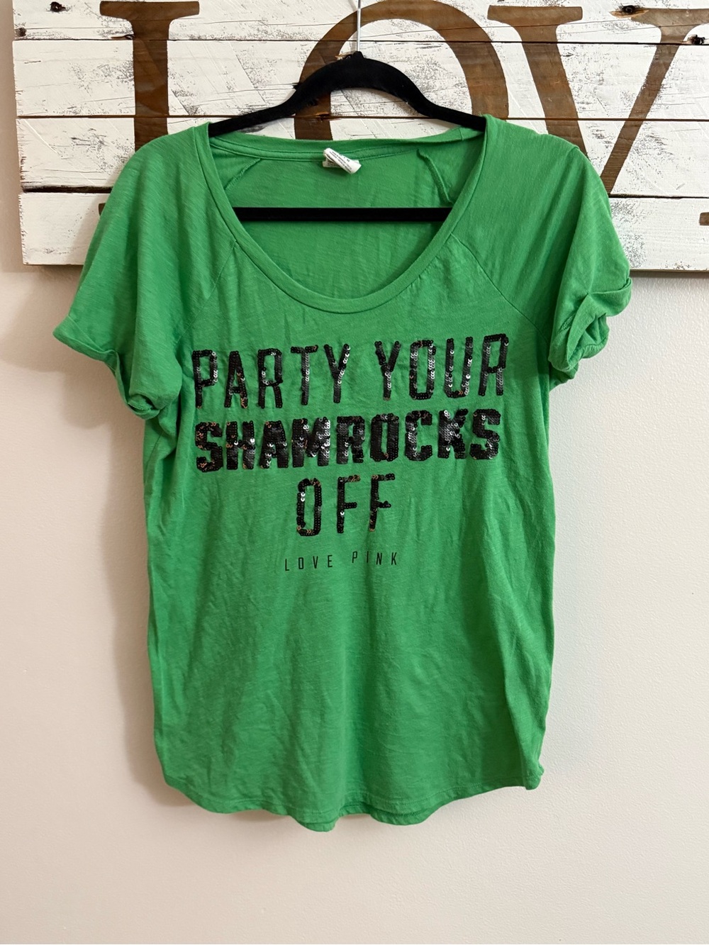 PINK Victoria's Secret Green Scoop Neck 'Party Your Shamrocks Off' Tee